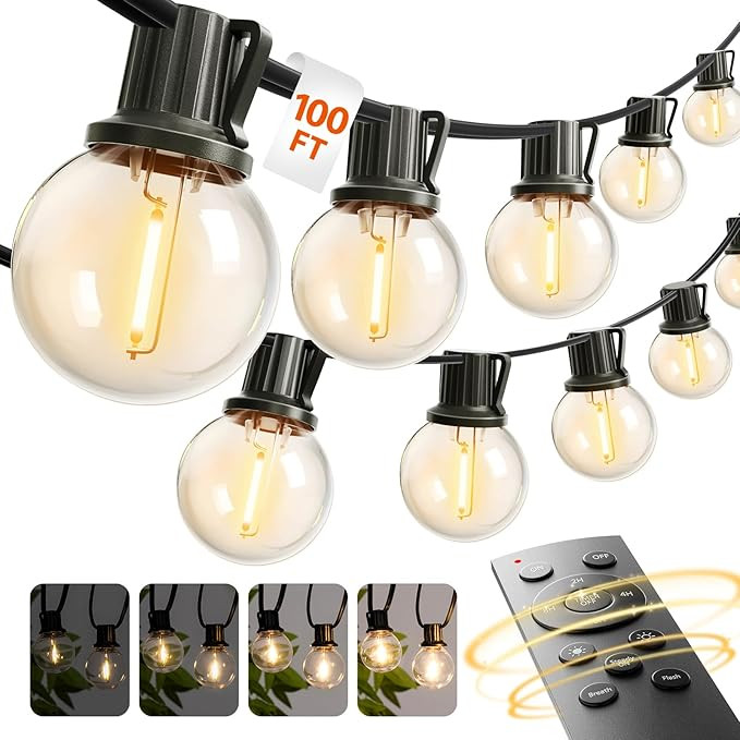 addlon 100FT Outdoor String Lights G40 with Remote, 54 LED Shatterproof Bulbs, Dimmable Patio Glo... | Amazon (US)