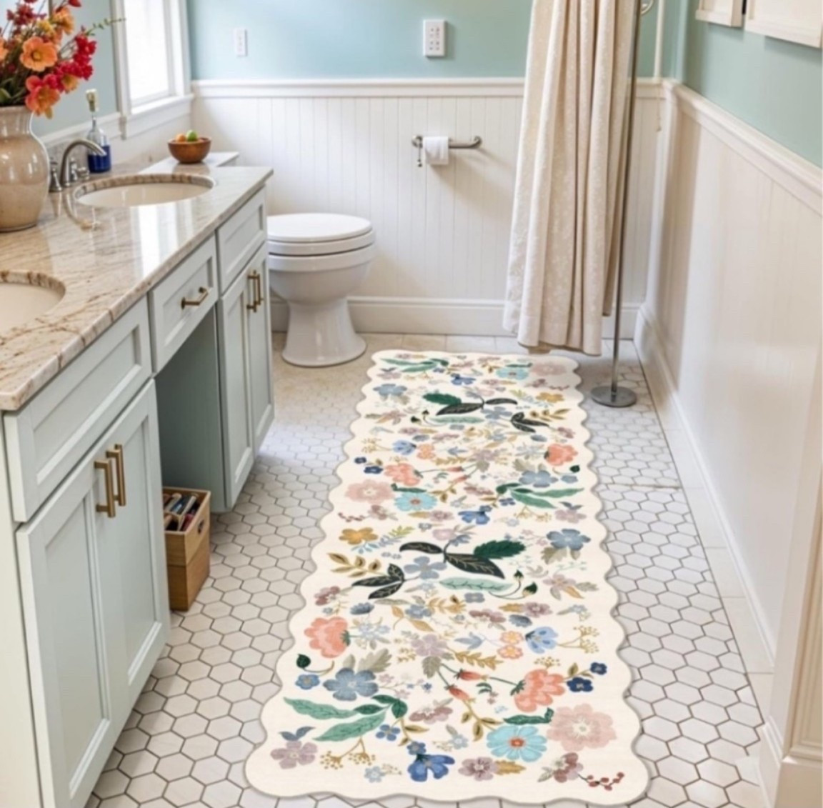 A little summer home refresh doesn’t have to break the budget 🌿✨ This washable, ultra-soft runner adds the perfect pop of charm to a bathroom, kitchen, or hallway. The floral pattern and scalloped edges give it that high-end designer look, while the spill-resistant design makes it practical for everyday life. Linking this beautiful find and more affordable home upgrades in my LTK! 🏡💛

#LTKHome #AmazonHome #SummerDecor #HomeDecorFinds #AffordableDecor #WashableRug #KitchenDecor #BathroomDecor #HomeRefresh #LTKStyle