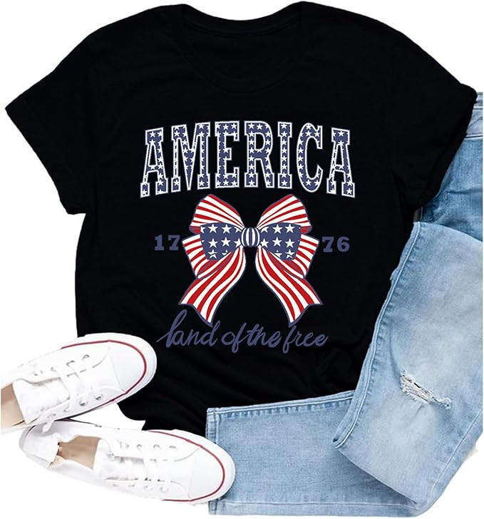 Womens American Flag Shirt USA Bow Flag Patriotic Print T-Shirt 4th of July Crewneck Tee Tops | Amazon (US)