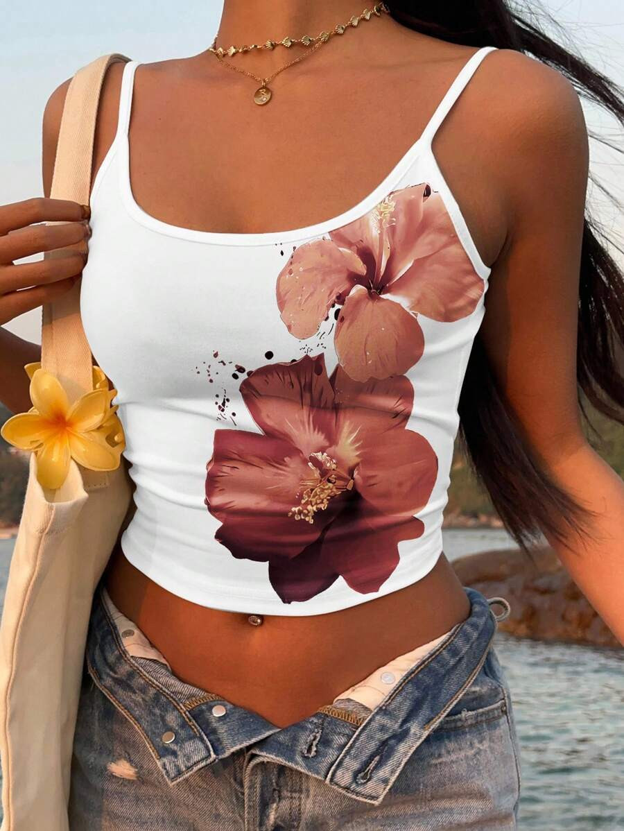 SHEIN EZwear Vintage Style Tropical Floral Placement Print Sexy Camisole Tank Top, Suitable For S... | SHEIN