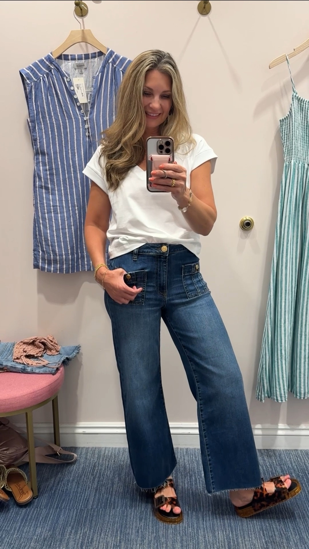 A flattering white tee & a cute pair of jeans create a classic look. The small details like the v-neck and front patch pockets on the jeans take this look from basic to elevated 🤍

#LTKootd #LTKmomlife