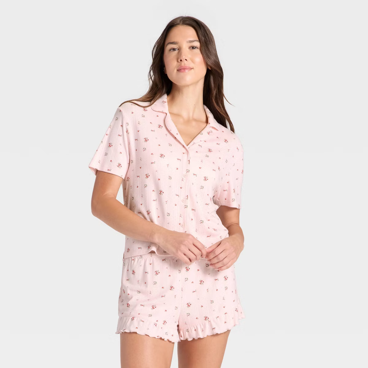 Women's Pointelle Notch Collar Shirt and Shorts Pajama Set - Wild Fable™ Pink Floral XXS | Target