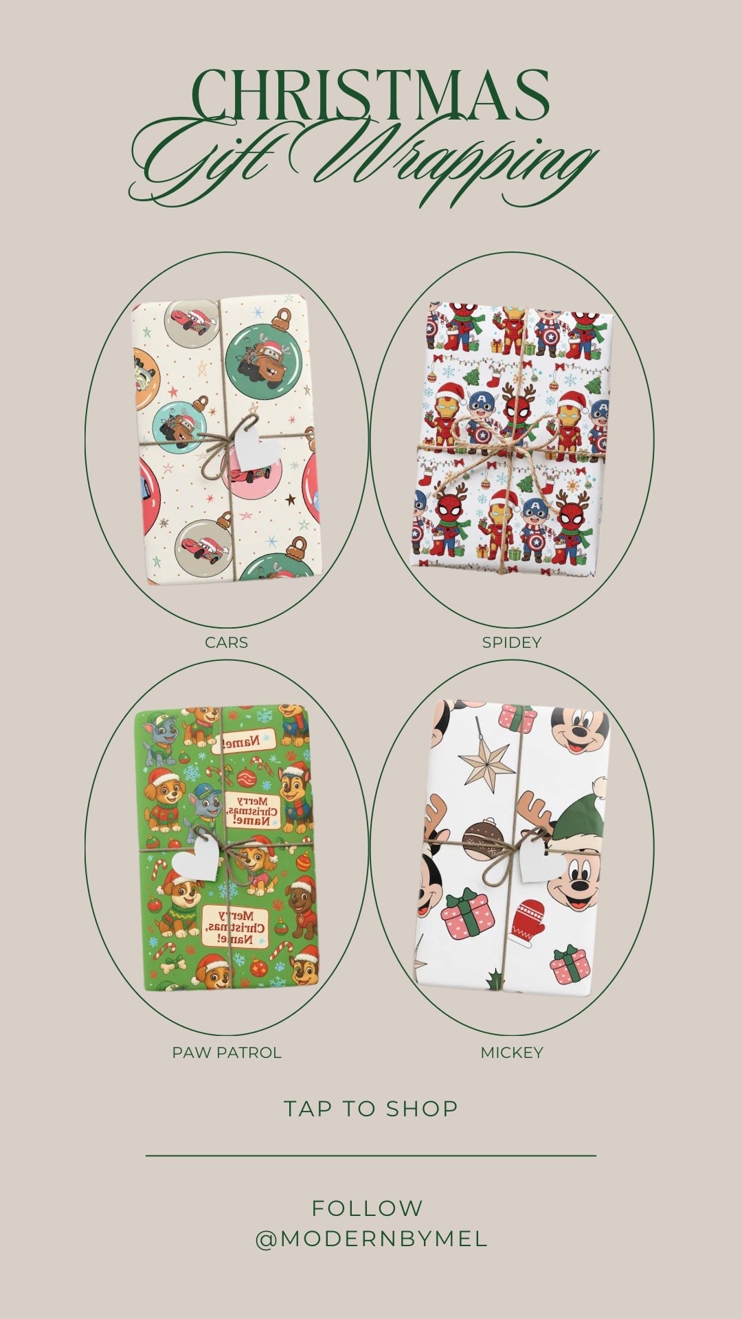 Kid-friendly Christmas wrapping paper ideas 🎁✨ Cars, Spidey, Paw Patrol, and Mickey Mouse — the cutest Christmas gift wrap for toddlers and kids!
Which one would your little one pick?

#ChristmasWrapping #KidsChristmasIdeas #ToddlerChristmas #HolidayGiftWrap #KidsGiftWrap #CharacterWrappingPaper #PawPatrolWrap #SpideyAndHisAmazingFriends #MickeyMouseChristmas #CarsDisney #HolidayWrappingInspo #ChristmasGiftIdeas #ToddlerMomLife #MomLifeIdeas #FestiveWrapping #LTKHoliday #LTKKids #LTKMom #HolidayMagic #GiftWrapInspo

#LTKKids #LTKGiftGuide #LTKmomlife