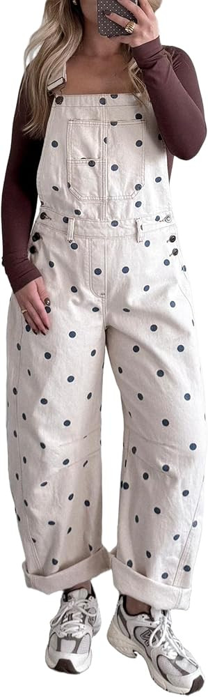 Apvirdy Women's Summer Polka Dot Denim Jumpsuits Adjustable Strap Wide Leg Barrel Bib Overalls Je... | Amazon (US)