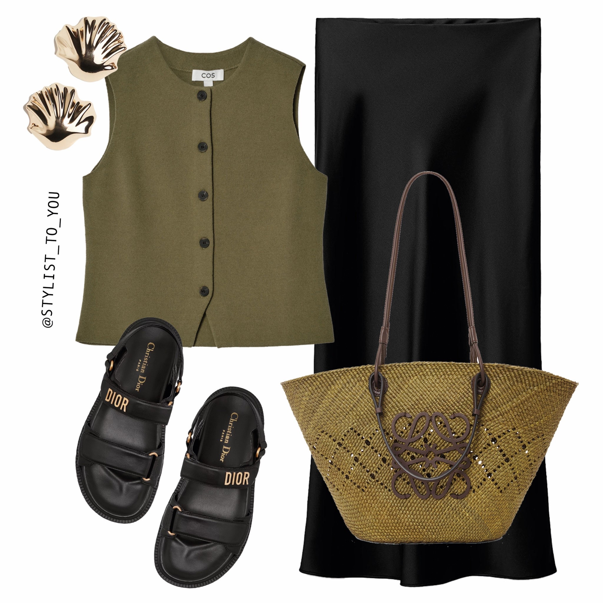 Styling olive green for Spring 🫒

Styling a khaki olive green tailored structured sleeveless tank vest top waistcoat with high waist black satin long Midaxi maxi skirt, gold trim Dior logo chunky granddad sandals Mules, raffia straw textured Loewe tote shopper beach bag and gold shell earrings, gold accessories, neutral, colourless, sophisticated look, classic, resort, everyday outfit, effortless style, accessories, easy outfit, capsule wardrobe, smart look, spring outfit, cos, Mango, H&M, & other stories, timeless, chic, city break, business, office, workwear, modern look, timeless, stylish outfit, simplicity, simple, it girl, smart casual, relaxed, neutral colours, Spring Style, Fashion Inspiration, Outfit Ideas, Going out, Casual Outfits, Virtual Stylist, Styling Tips, How to Wear, Wardrobe Inspo, Fashion Trends, Elegant, Capsule Closet, Everyday Look, Style Daily, Minimalist, What to Wear, Street Style, Cute Outfits, Aesthetic Neutral Style, Trendy style, Comfortable and stylish, Chic Trends, Spring Fashion, Holiday Outfit, Style Ideas, trending, style guide, elevated, feminine, SS25, What to Wear, designer, luxury, minimalist style, city girl aesthetic

#LTKspring #LTKluxury #LTKmodest