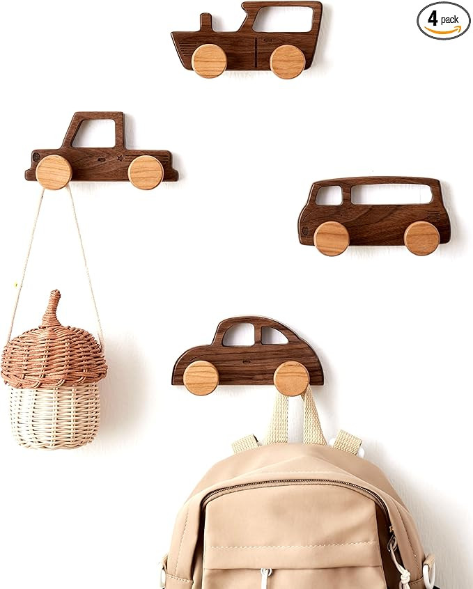 Kids Coat Hooks Wall Mount, Walnut Car-Shaped Coat Rack Heavy Duty for Bathrooms,Kids’ Room,Doo... | Amazon (US)