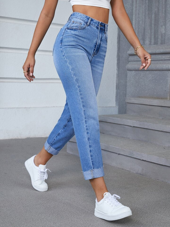 SHEIN EZwear High Waist Bleach Wash Frayed Hem Mom Fit Jeans Without Belt | SHEIN