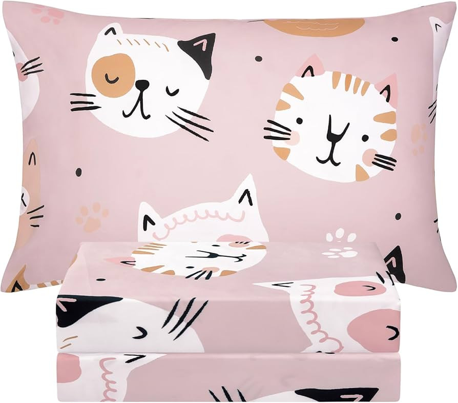 BYSURE Twin Sheets Set Kids(Cat Kitties, Pink), 3 Pieces Easy Fit Deep Pocket Sheets Set, Breatha... | Amazon (US)