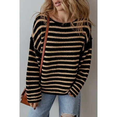 Plusashion Elevate Your Style with the Chic Black Stripe Drop Shoulder Sweater! | Walmart (US)