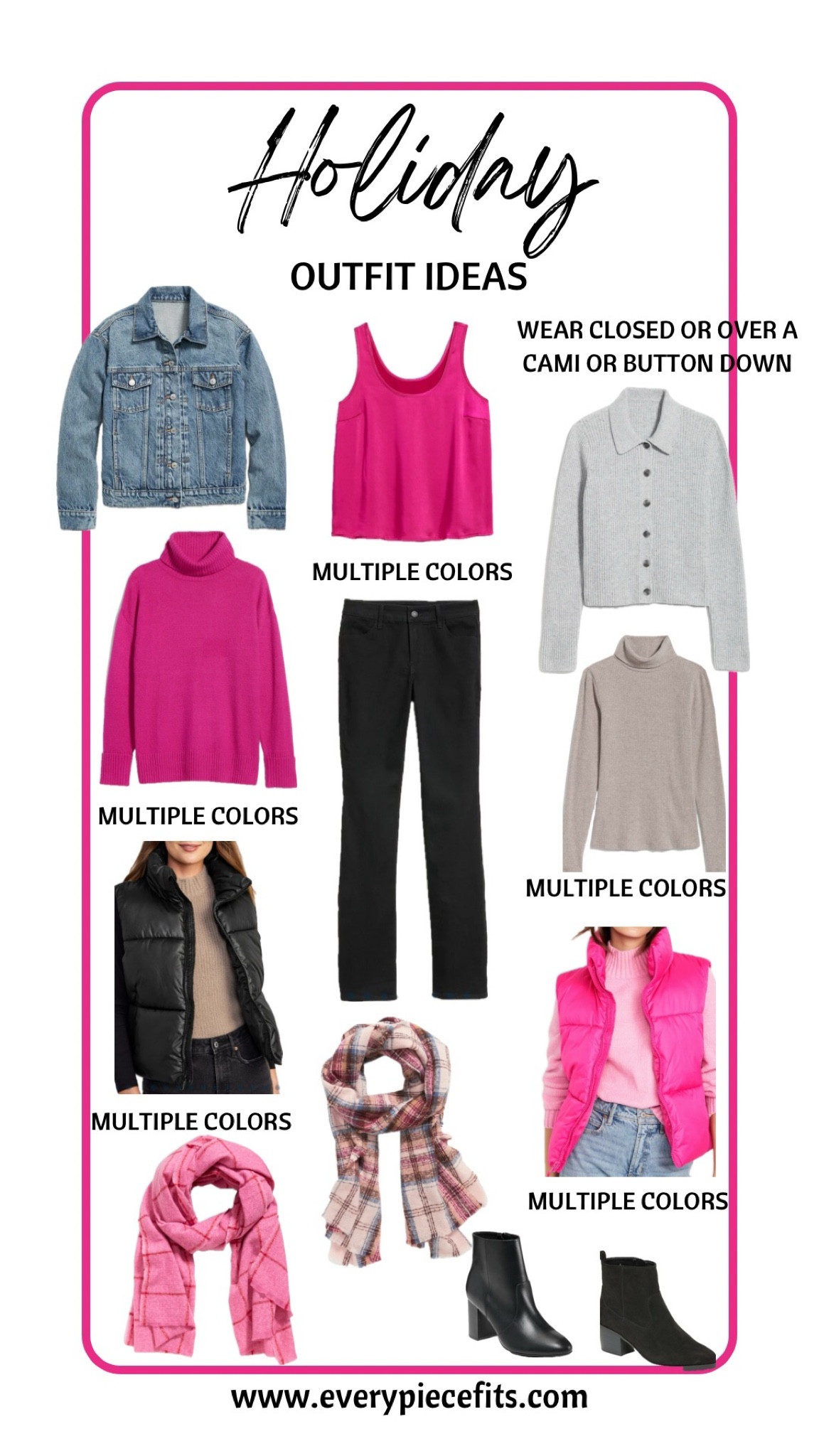 Holiday outfits don’t have to be red and green. Add a pop of bright pink and sparkly jewelry and you’ll be ✨sparkling✨ this holiday season in a festive outfit!  

You can also wear jewel tone colors for the holidays and be very festive!

Each sweater comes in a variety of colors, as well as these cute puffer vests. 

The button down collared cardigan is a cute multi functional find. It can be worn buttoned as its own sweater, worn open over a camisole, or worn buttoned over a button down like a chambray shirt or flannel shirt. 

#everypiecefits

#LTKSeasonal #LTKsalealert #LTKHoliday