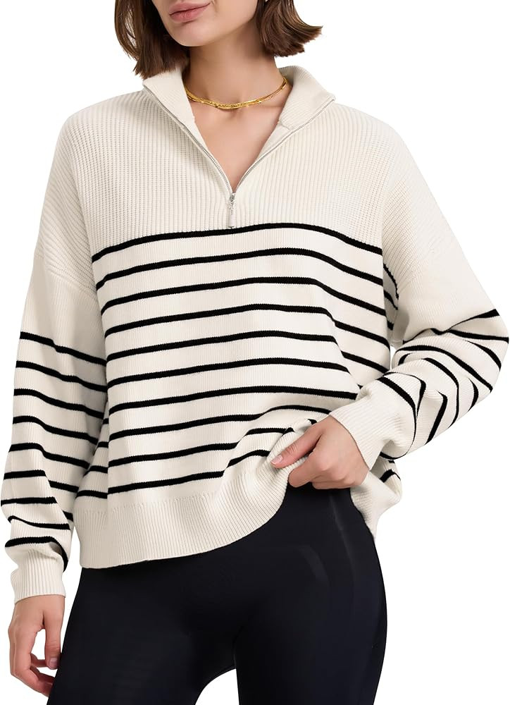 PrettyGuide Women's Long Sleeve Quarter Zip Oversized Pullover Striped Sweater Casual Mock Neck L... | Amazon (US)