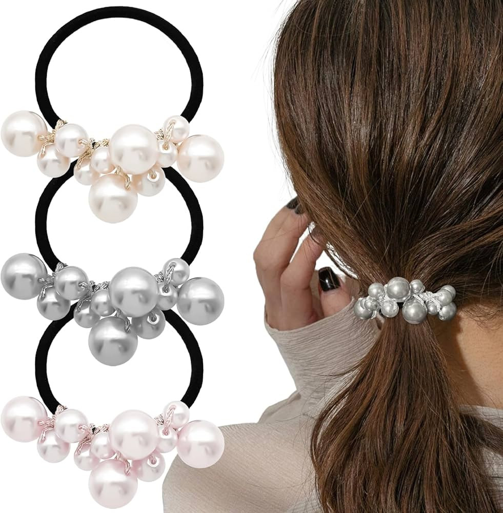 3Pcs Pearl Hair Ties Beaded Ponytail Holder Pearls Hair Scrunchies Fancy Rubber Bands Hairbands D... | Amazon (US)