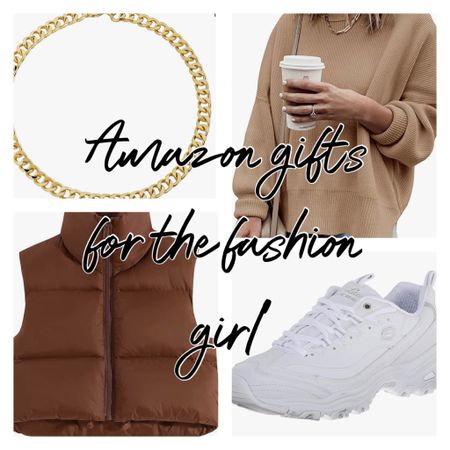 Amazon gifts. Gifts under 50. Beige sweater. White sneakers under 50. Gold chunky necklace. Puffer vest. Puffy vest. Fashionable gifts. 

#LTKGiftGuide #LTKunder50 #LTKHoliday