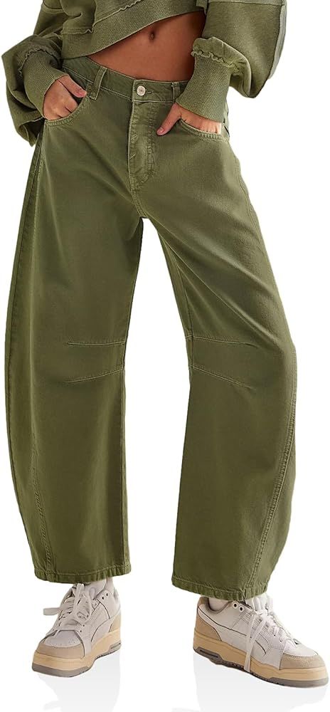 Cicy Bell Womens Baggy Barrel Horseshoe Pants Casual Wide Leg Mid Rise Cropped Pants with Pockets | Amazon (US)