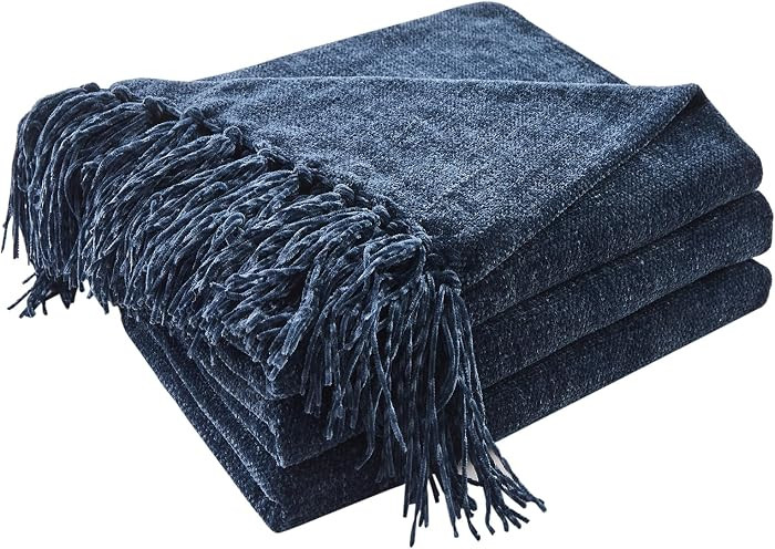CozeCube Chenille Throw Blanket for Couch, Cozy Plush Fuzzy Decorative Navy Blue Blanket with Fri... | Amazon (US)