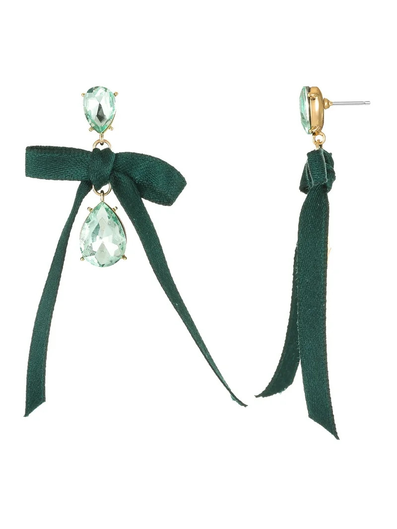 Time and Tru Goldtone, Crystal and Green Bow Earring, 1 Pair | Walmart (US)