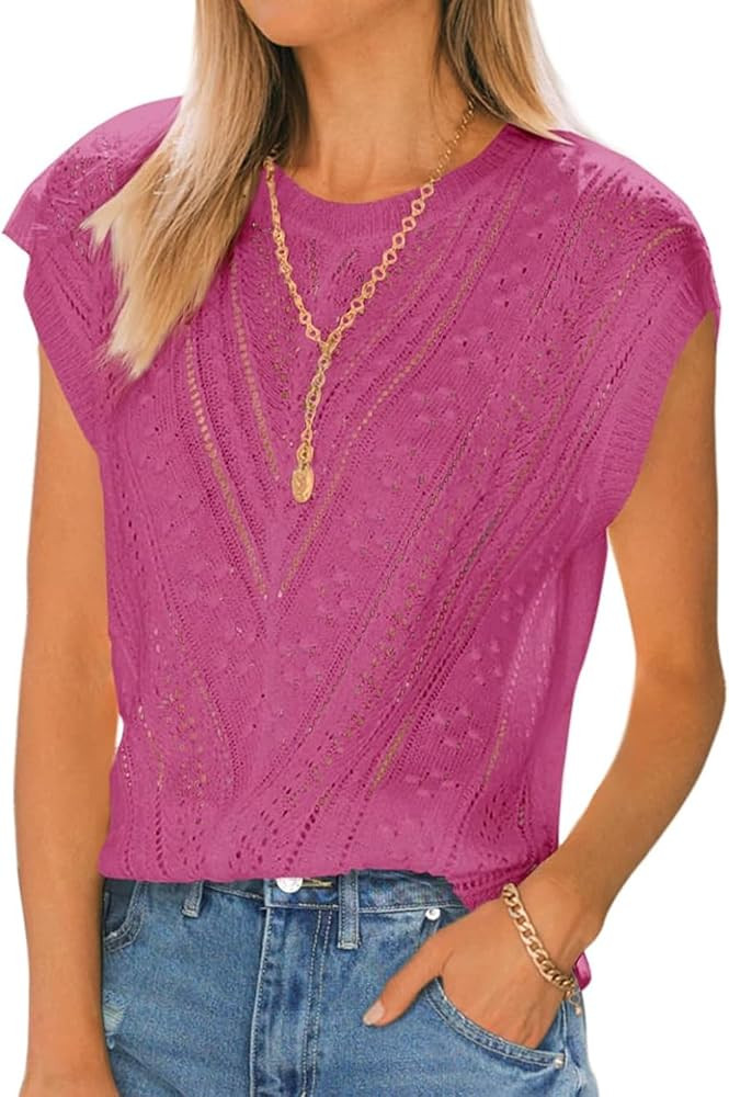 Langwyqu Womens Cap Sleeve Tops Summer Crew Neck Shirt Lightweight Crochet Knit Sweater | Amazon (US)