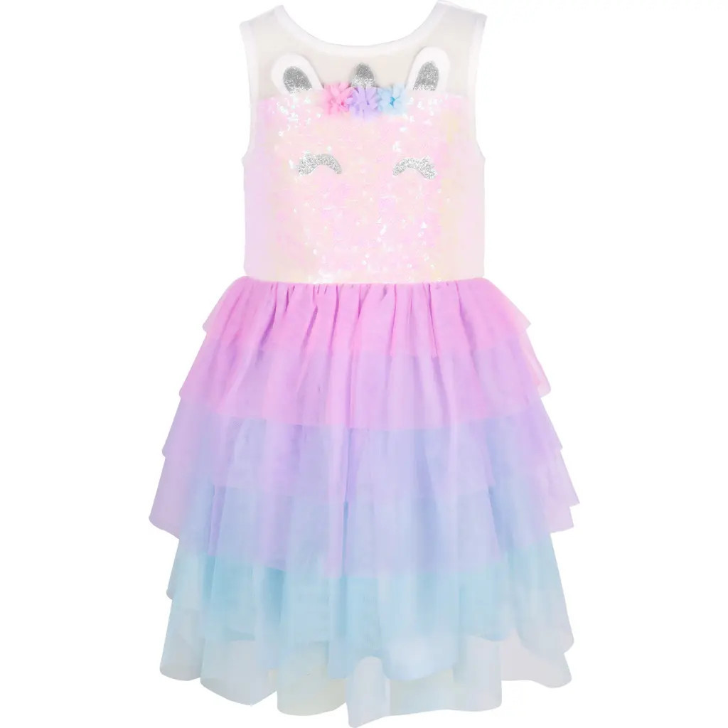 Zunie Kids' Sequin Unicorn Tiered Dress in Ivory/Pink Multi at Nordstrom Rack, Size 6X | Nordstrom Rack