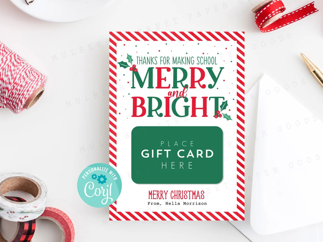 Printable Thank You for Making School Merry and Bright Gift Card Holder, Teacher Christmas Gift C... | Etsy (US)