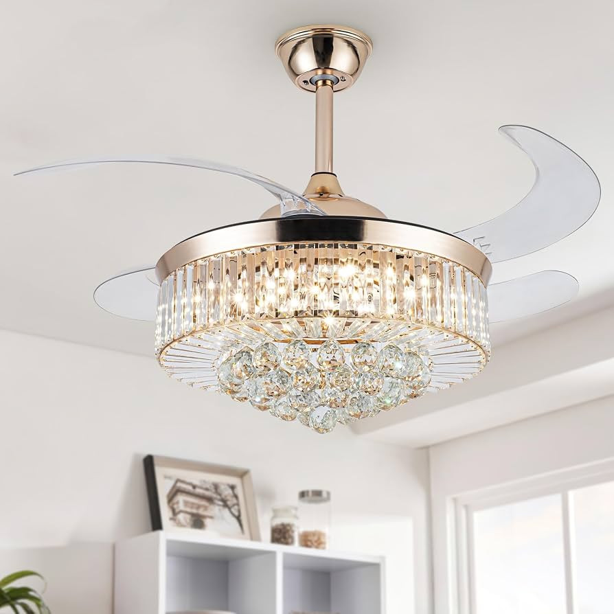 42" Crystal Ceiling Fan with Light Chandelier Fan with Remote, Golden | Amazon (US)