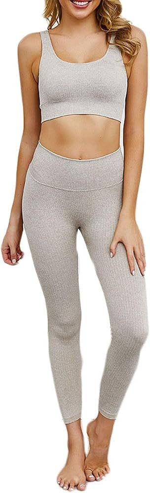 SweatyShark Women Workout Set Active 2 Pieces Outfit Seamless Yoga Leggings with Paded Stretch Sport | Amazon (US)