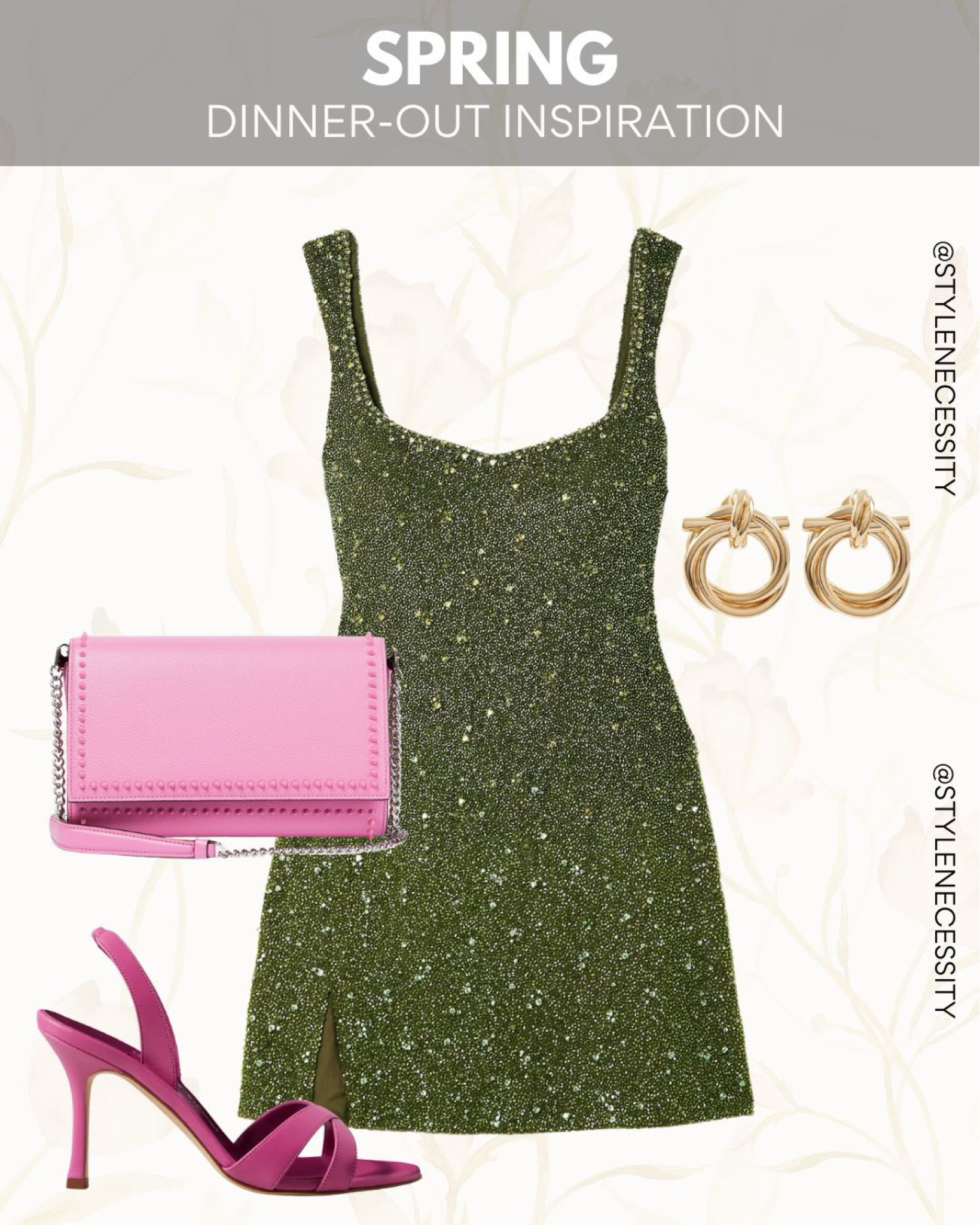 Step into spring with a bold yet elegant dinner-out outfit that blends sparkle and sophistication. ✨

This shimmering green mini dress is the perfect statement piece for a night out, offering a flattering silhouette with eye-catching details. The contrast of a vibrant pink handbag and matching heels adds a fun and trendy pop of color, while gold knot earrings bring in a touch of classic elegance. 💚

Whether you’re heading to a romantic date night or a stylish evening with friends, this outfit is a flawless choice for the season. 💕

#SpringFashion #DinnerOutfit #DateNightLook #ElegantStyle #GlamOutfit #TrendyLooks #NightOutOOTD #ChicAndStylish

#LTKspring #LTKuk #LTKpartywear