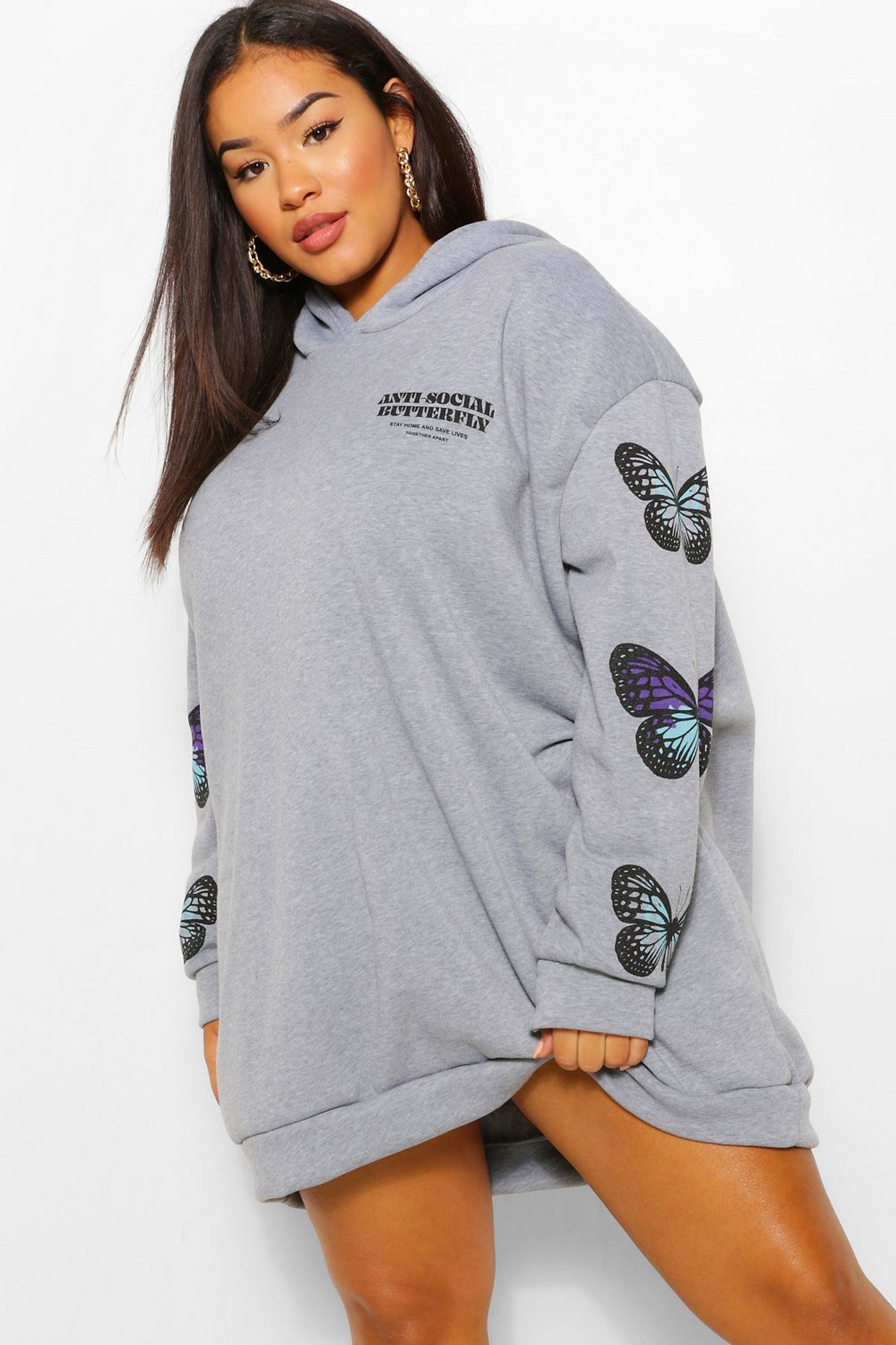 Plus Butterfly Sleeve Hooded Sweat Dress | Boohoo.com (US & CA)