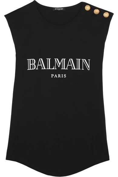 Balmain - Button-embellished Printed Cotton-jersey Top - Black | NET-A-PORTER (US)