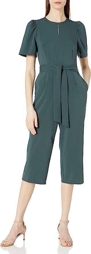 Lark & Ro Women's Puff Sleeve Split Neck Belted Crop Length Jumpsuit | Amazon (US)