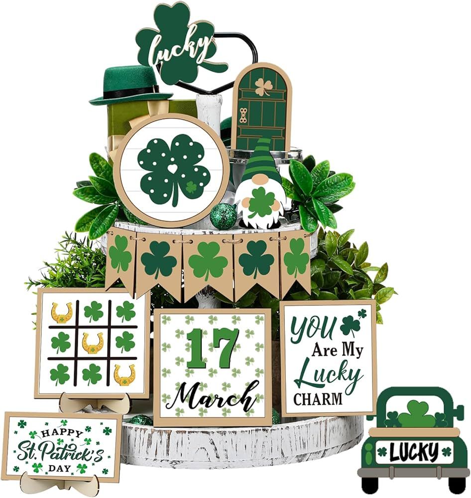 Anglechic 14 Pcs St. Patrick's Day Tiered Tray Decor St. Patrick's Day Wooden Signs Green Shamroc... | Amazon (US)