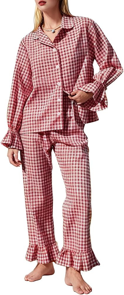 Flygo Womens Gingham Pajamas Sets Cotton Plaid Pjs Ruffled Sleeve Button Down Shirt Pants Y2k 2 P... | Amazon (US)