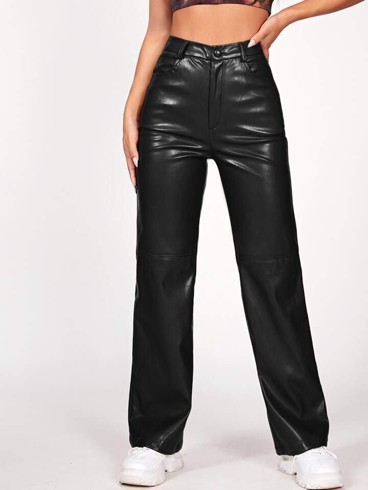 SHEIN PETITE Solid PU Leather Straight Leg Pants | SHEIN