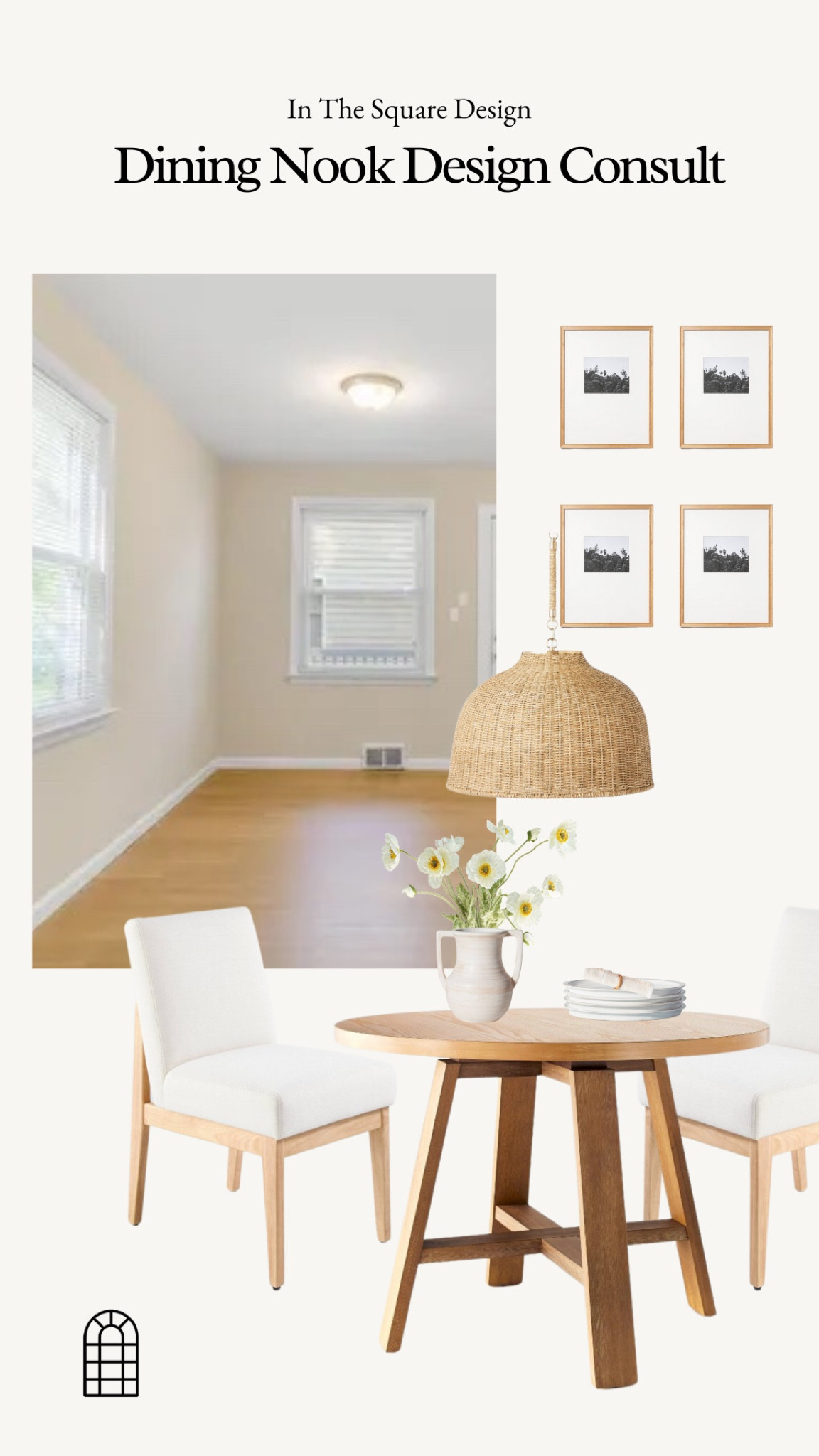 Dining Nook Consultation

Wood frames, gallery wall, linen oak chairs, linen wood chairs, wood circle table, wood dining table, rattan light fixture, rattan lighting, wicker light, ceramic plates, napkins, faux flowers, vase 

#LTKhome #LTKFind #LTKsalealert