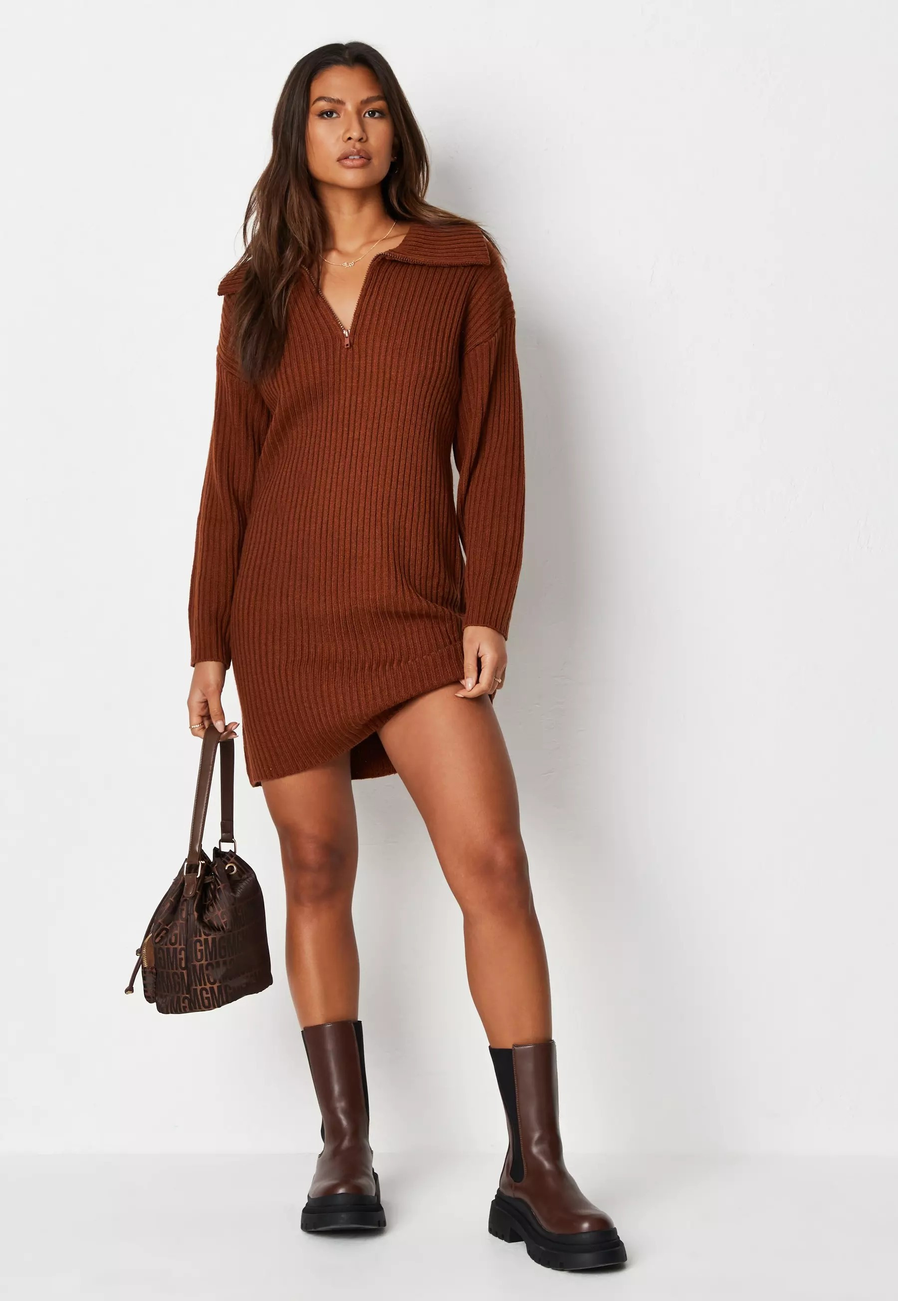Tall Tan Rib Funnel Neck Knit Sweater Dress | Missguided (US & CA)