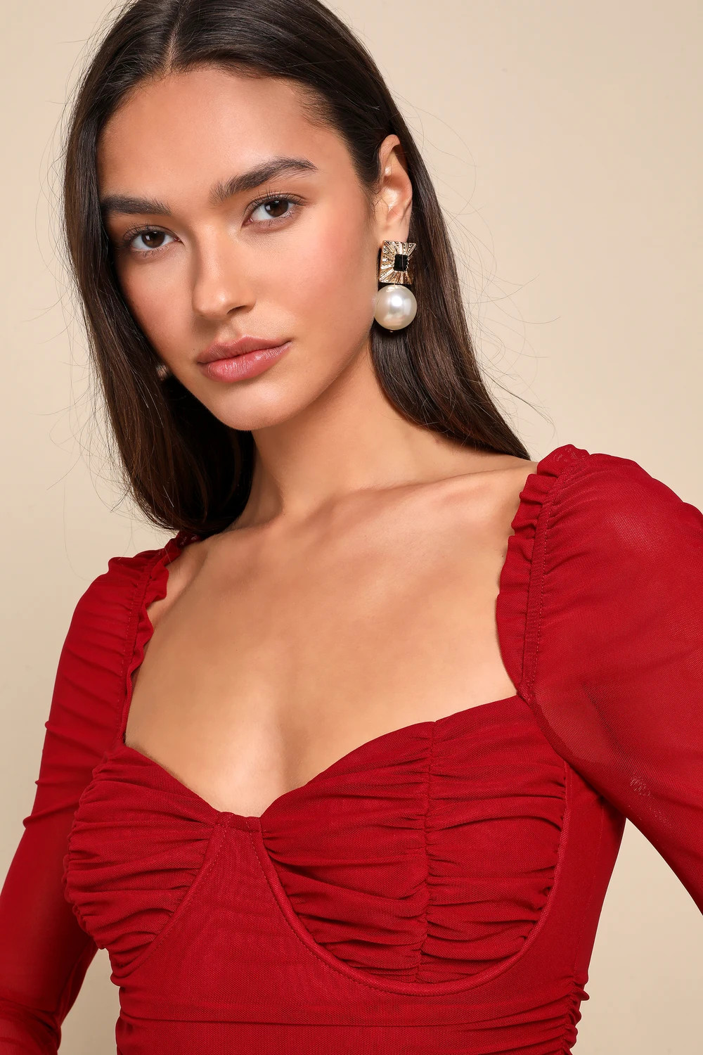 Fascinating Beauty Dark Red Mesh Ruched Bustier Mini Dress | Lulus (US)