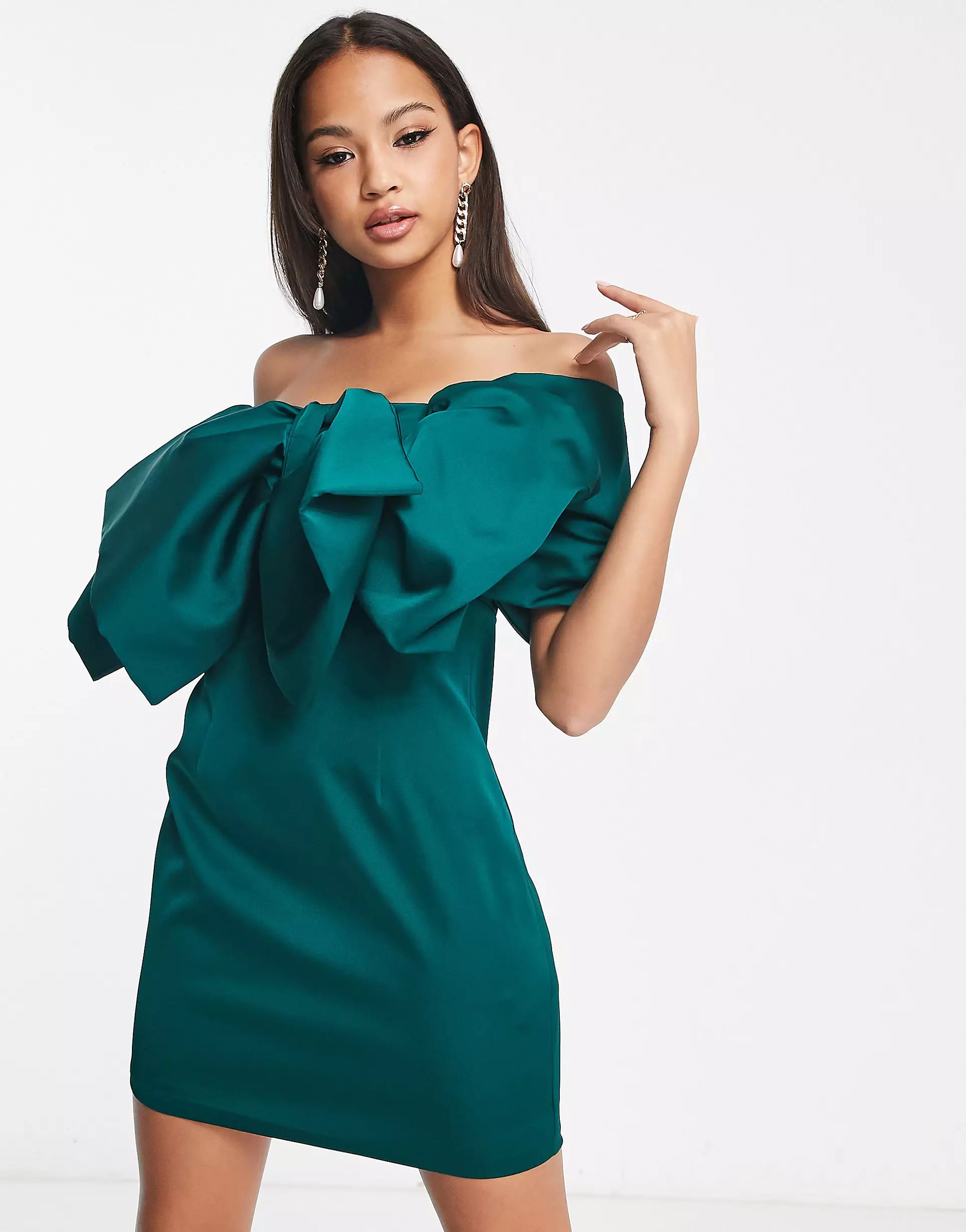 Ever New dramatic bow mini dress in emerald green | ASOS (Global)