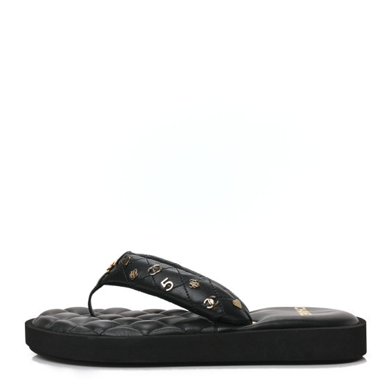 Chanel Lambskin Quilted Padded Charms Thong Sandals 39.5 Black | FASHIONPHILE (US)