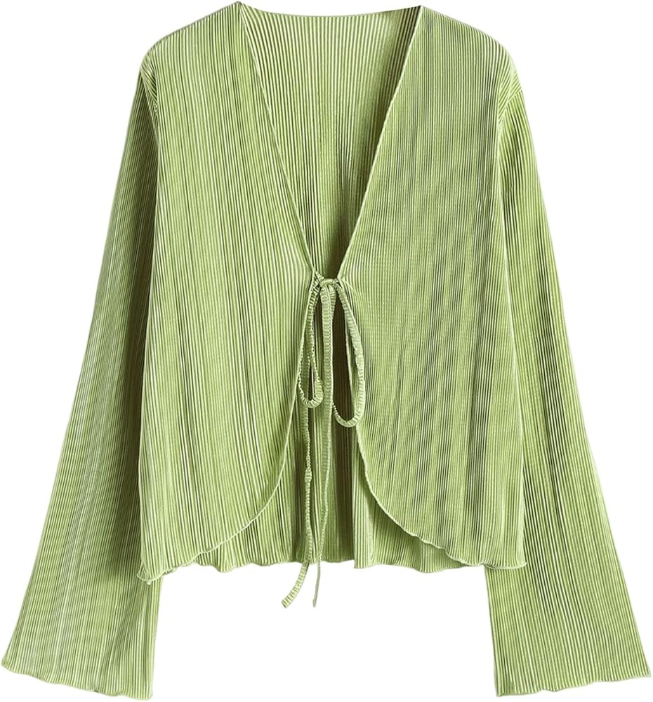 ZAFUL Women's Deep V Neck Tie Front Top Bell Long Sleeve Plisse Pleated Blouse Shirt Top | Amazon (US)