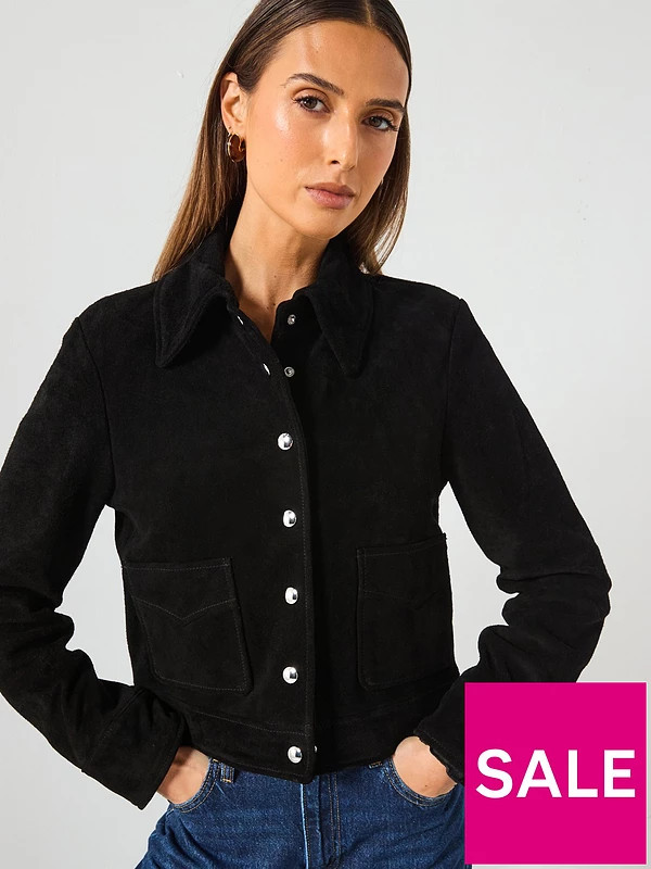 Mango Suede Leather Jacket With Buttons - Black | Very (UK)