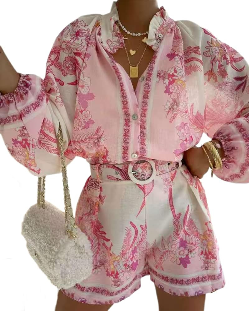 ksotutm Womens 2 Piece Outfits Boho Lantern Sleeve Button Down Floral Print Shirt Shorts Tracksui... | Amazon (US)