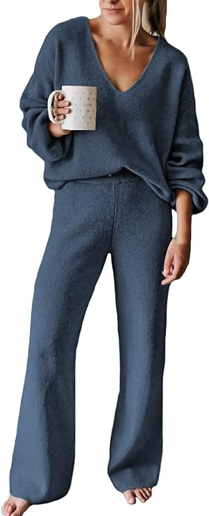 Viottiset Women's 2 Piece Outfits Casual V Neck Knit Wide Leg Sweater Lounge Set Sweatsuit | Amazon (US)
