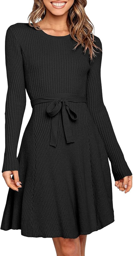 ANRABESS Women's Crewneck Long Sleeve Tie Waist A-Line Swing Bodycon Short Dress Casual Solid Rib... | Amazon (US)