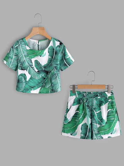 Palm Leaf Print Keyhole Back Top With Shorts | SHEIN