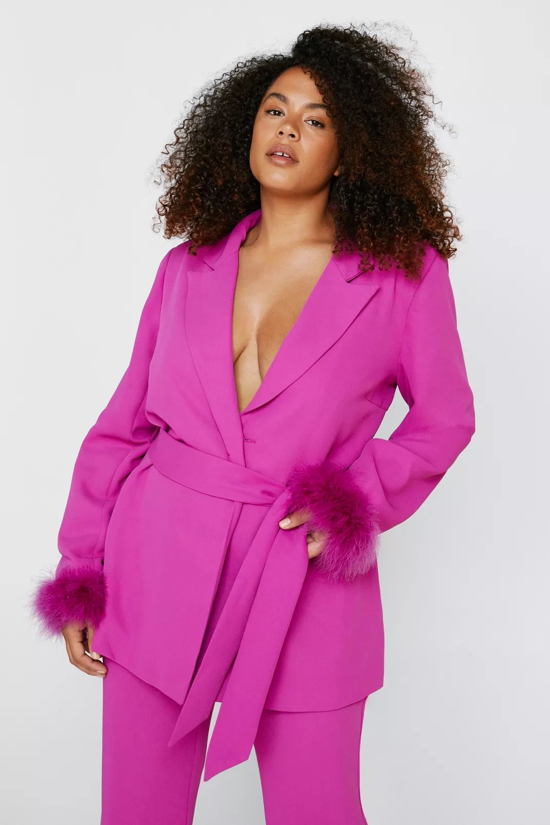 Plus Size Belted Blazer With Feather Cuffs | Nasty Gal (US)