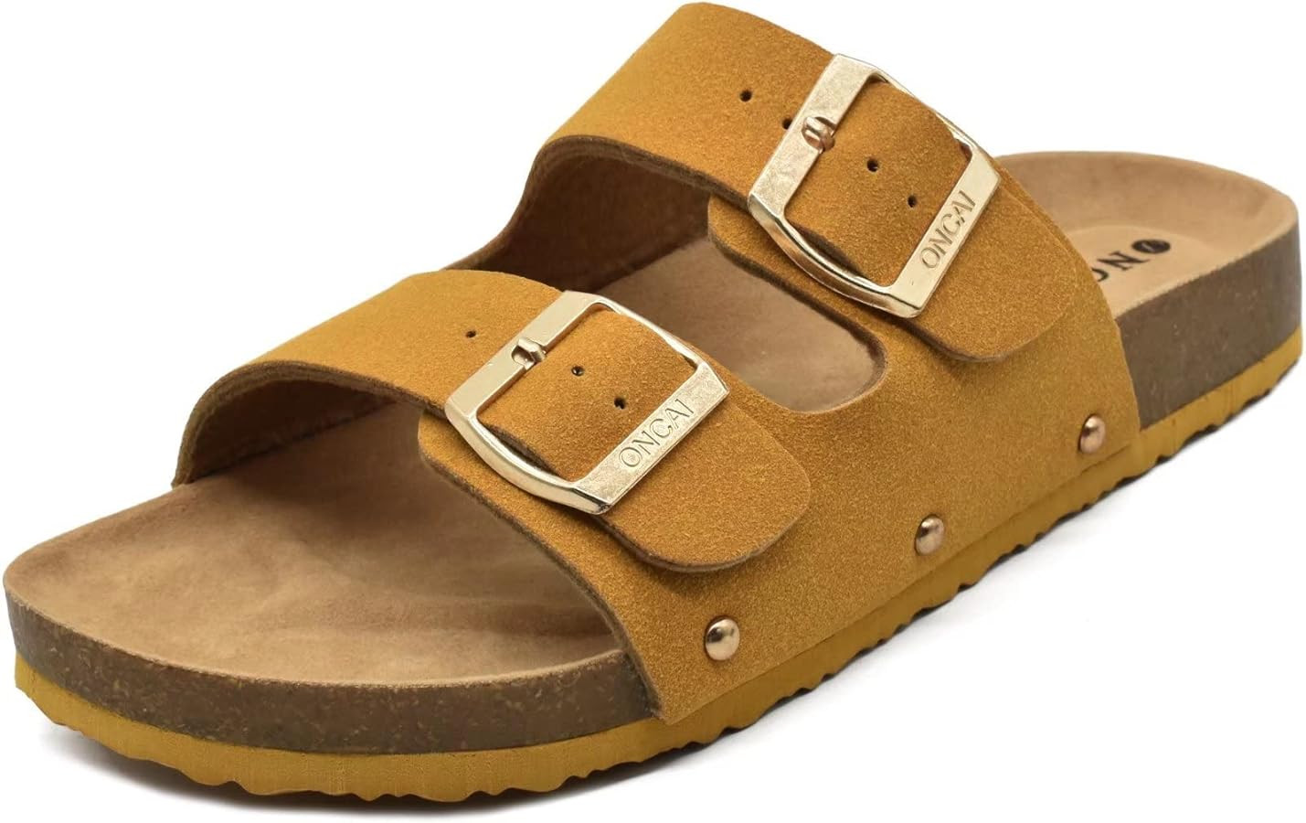 ONCAI Womens Flat Slide Sandals with Arch Support 2 Strap Adjustable Buckle Slip on Slides Shoes ... | Amazon (US)