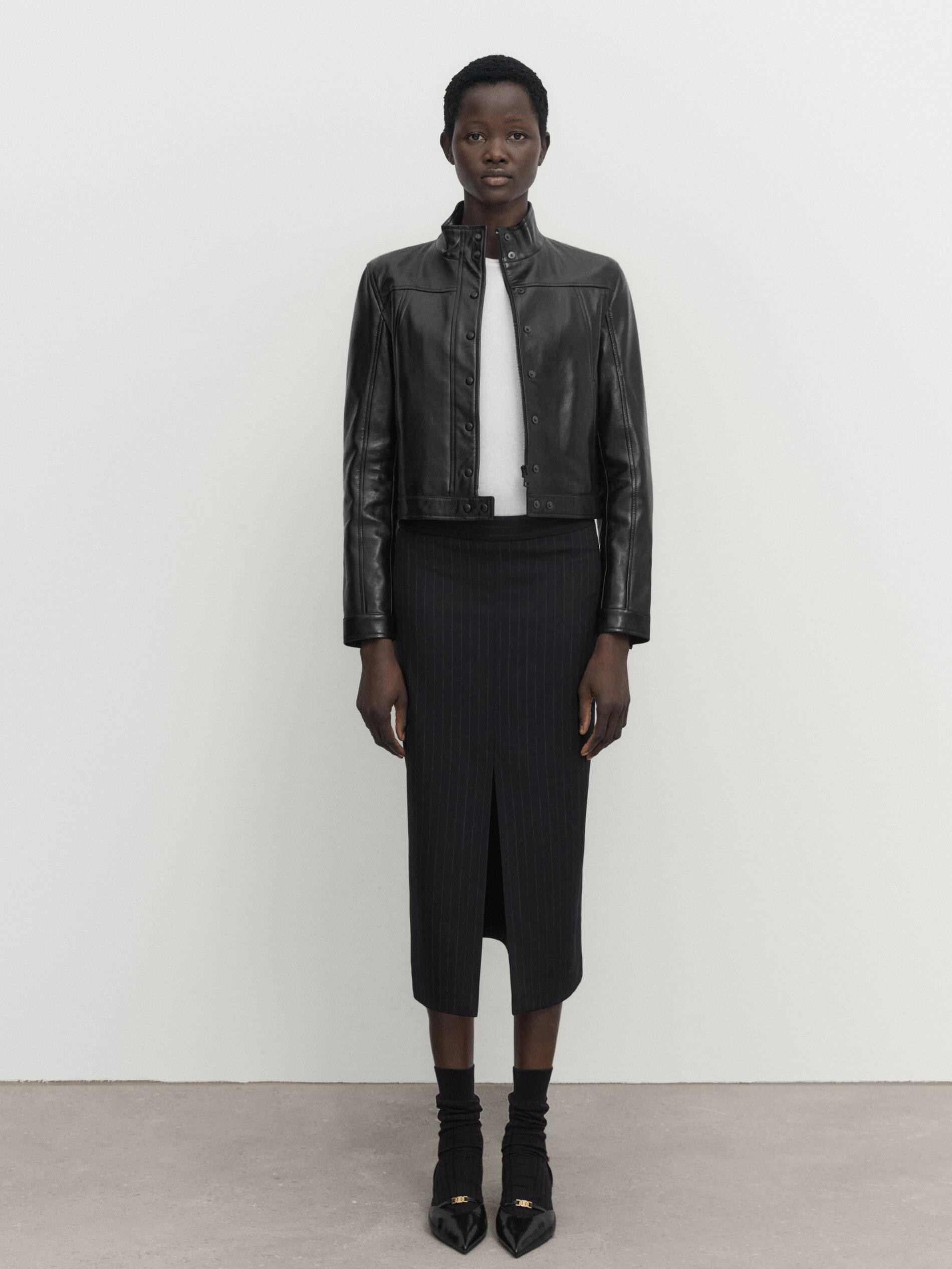 Pinstripe midi skirt with slit | Massimo Dutti US