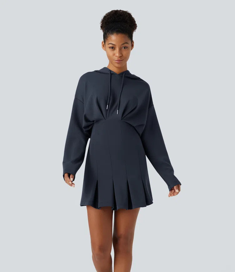 Women’s Drawstring Dropped Shoulder Long Sleeve Pleated Hem Hip Wrapped Mini Casual Hoodie Dres... | HALARA