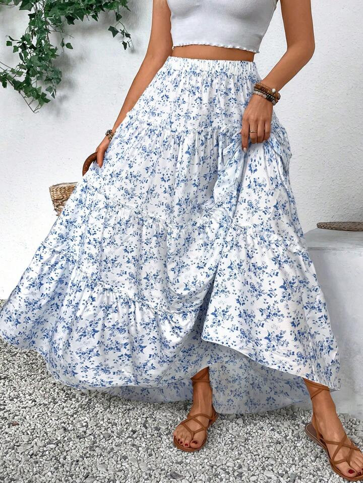 SHEIN VCAY Plus Size Floral Printed Flared Skirt, Casual Holiday Style | SHEIN