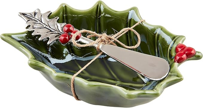 Mud Pie Holly Tidbit Set, bowl 2 1/2" x 5 3/4" | spreader 5 1/2", GREEN | Amazon (US)