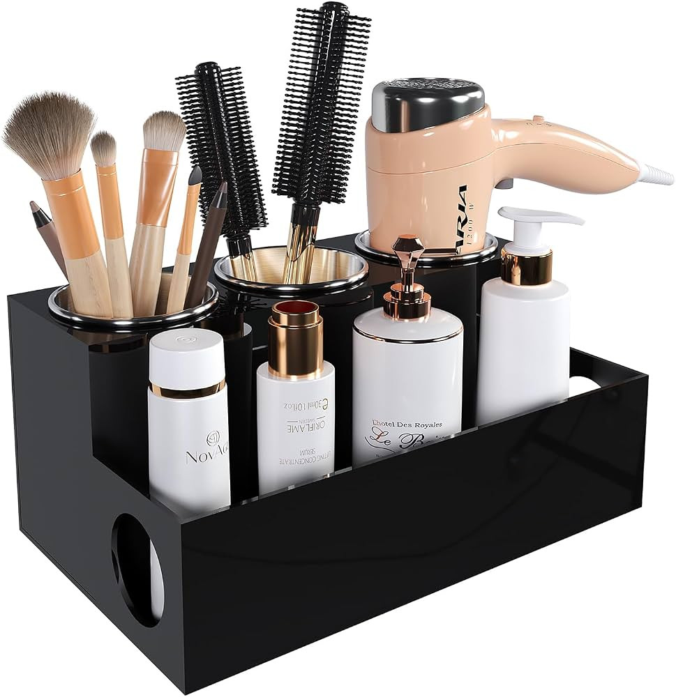 Hair Tool Organizer, Black Acrylic Hair Dryer Holder with 3 Cups, Bathroom Supplies Countertop Bl... | Amazon (US)